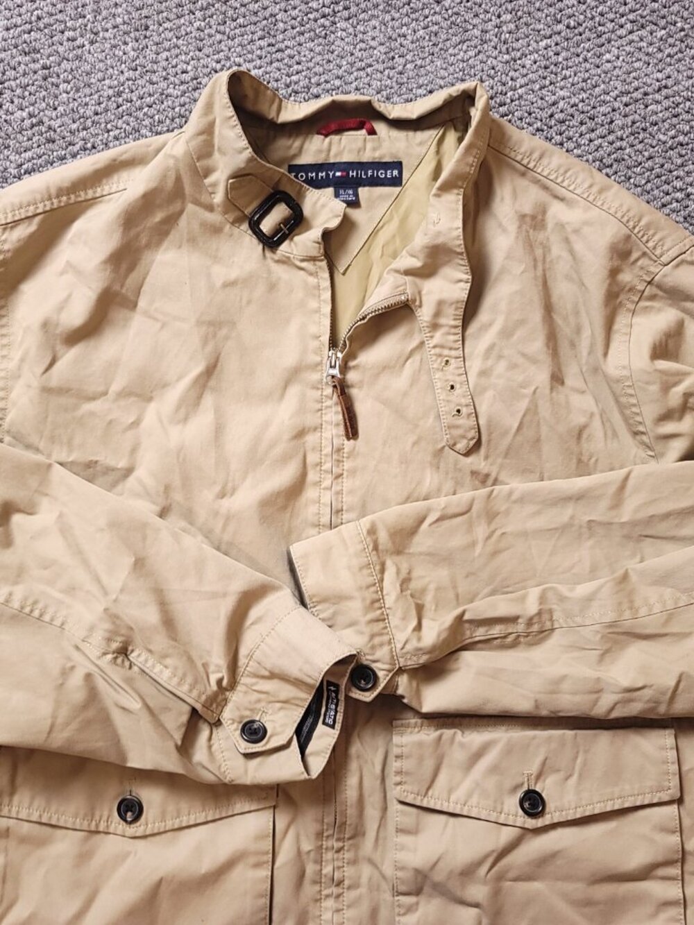 Tommy Hilfiger Jacket Mens XL Anti Static Cotton Tan Beige Zip Up Canvas Paisley